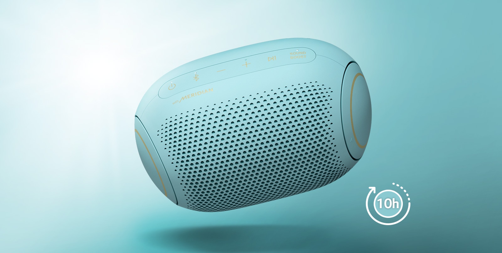 Una vista frontal de un LG XBOOM Go PL2B inclinado a su izquierda y flotando en el aire