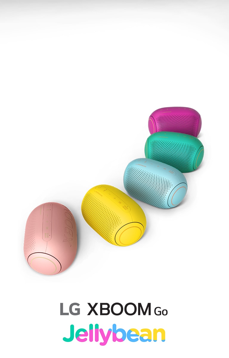 Bocinas LG XBOOM Go PL2 de colores puestos sobre un fondo blanco.