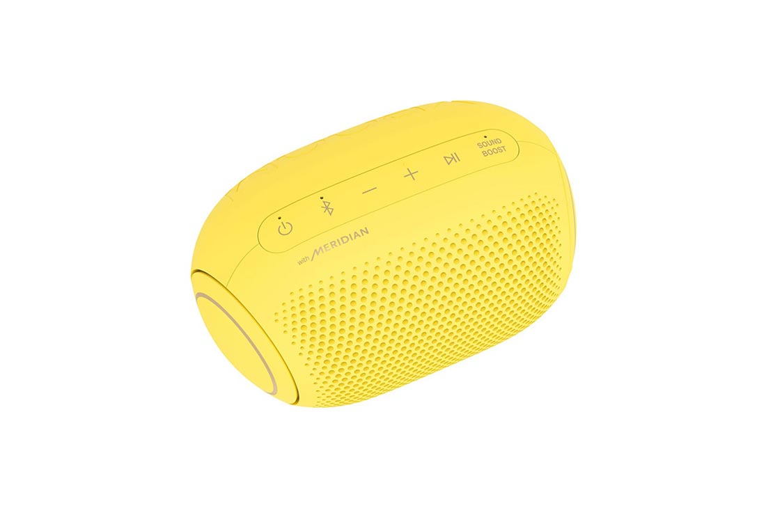 LG Bocina portátil XBOOM Go PL2 | Color amarillo| Bluetooth | Certificación IPX5 | Tecnología de Sonido Meridian, 30 degrees to the left top-down view of LG XBOOM Go., PL2S, thumbnail 8