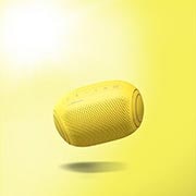 LG Bocina portátil XBOOM Go PL2 | Color amarillo| Bluetooth | Certificación IPX5 | Tecnología de Sonido Meridian, A front view of an LG XBOOM Go tilting down to its left and floating in the air, PL2S, thumbnail 3