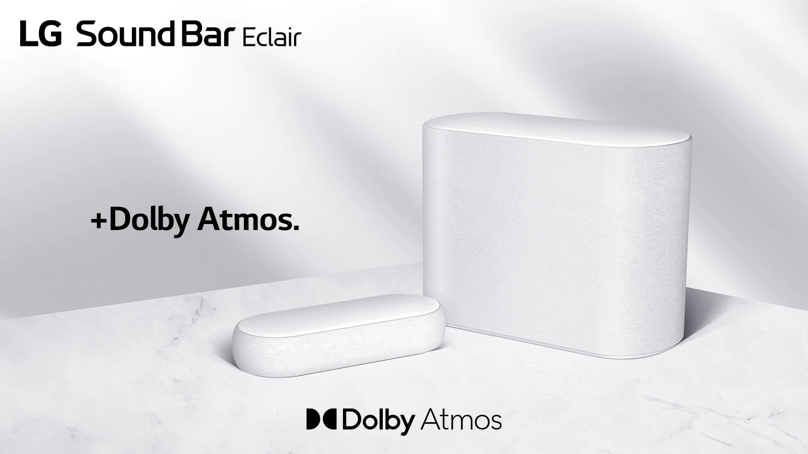 Una barra de sonido y un subwoofer se colocan en un piso de mármol, una barra de sonido y un subwoofer orientados hacia lados opuestos.