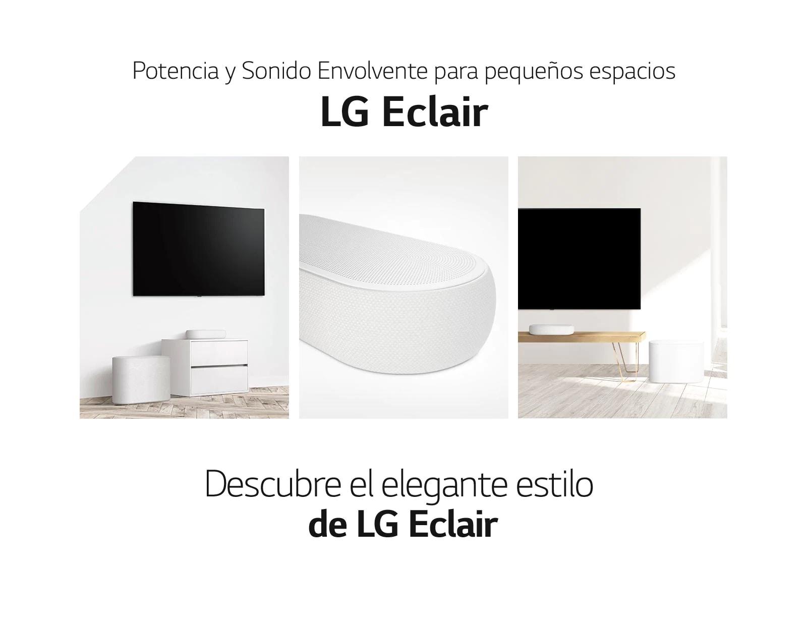 Hay un collage de tres imágenes: barra de sonido y subwoofer en una sala de estar blanca en el lado izquierdo, primer plano del lado derecho de la barra de sonido en el medio, y barra de sonido y subwoofer colocados en un gabinete de madera en el lado derecho de un collage. imagen.