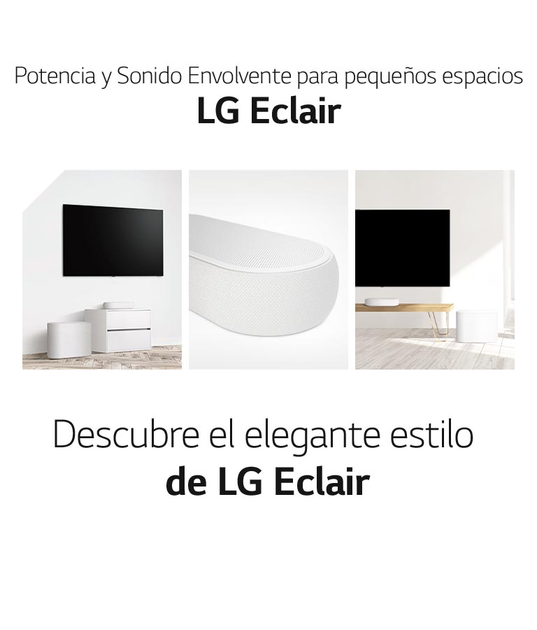 Hay un collage de tres imágenes: barra de sonido y subwoofer en una sala de estar blanca en el lado izquierdo, primer plano del lado derecho de la barra de sonido en el medio, y barra de sonido y subwoofer colocados en un gabinete de madera en el lado derecho de un collage. imagen.