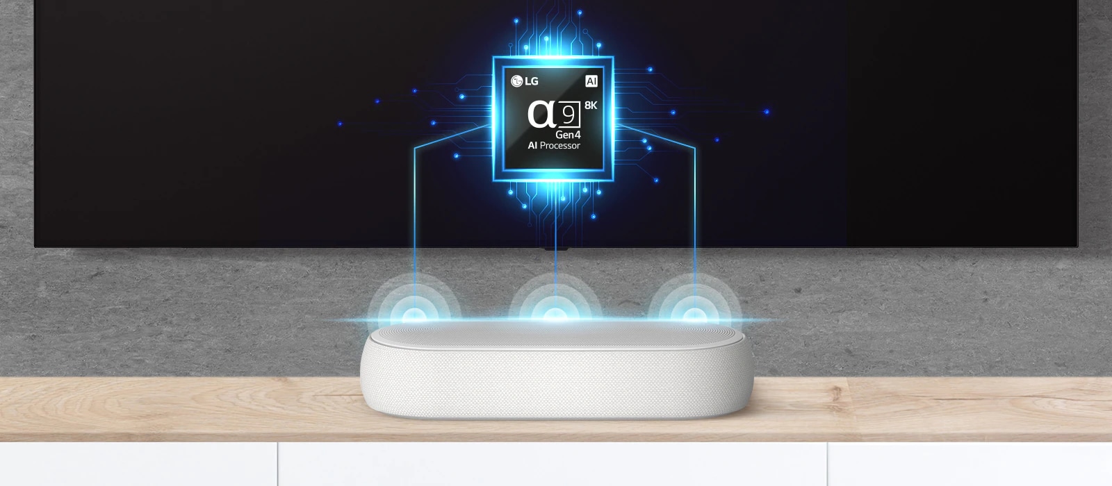 Hay una imagen de chip alfa nueve en la televisión y hay una barra de sonido justo debajo. También hay un efecto de onda de sonido que sale de la barra de sonido.