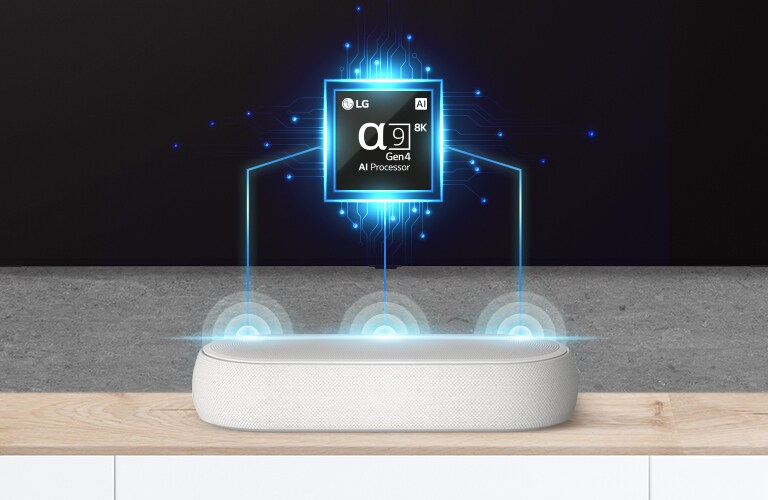 Hay una imagen de chip alfa nueve en la televisión y hay una barra de sonido justo debajo. También hay un efecto de onda de sonido que sale de la barra de sonido.