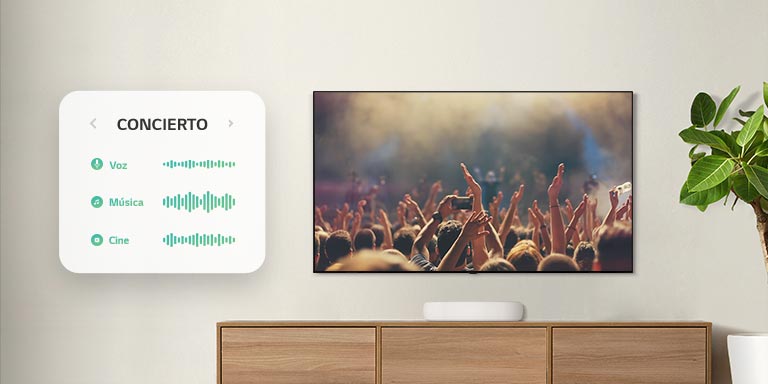 La televisión está en la pared. La televisión muestra a la gente aplaudiendo en el concierto, el canal cambia a una escena de película con un coche conduciendo en un bosque, y el canal cambia una vez más a Noticias y un presentador está hablando. La barra de sonido LG está justo debajo del televisor en un estante de madera.