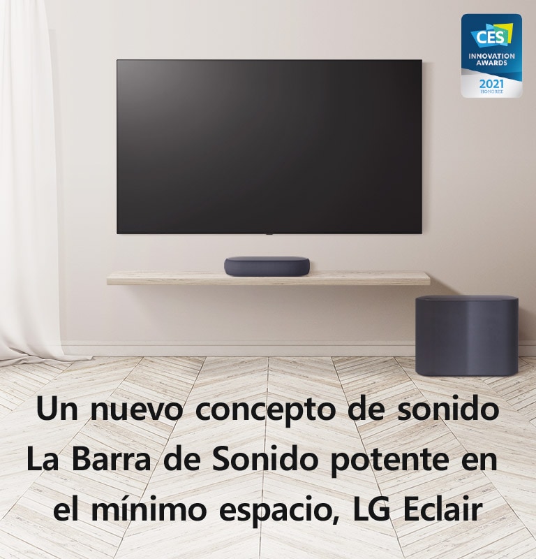 Una copia "Como nada que hayas visto" está escrita en una pantalla negra. Una copia desaparece y aparece una barra de sonido y un televisor, colocado en un piso de madera y hay una cortina ondeando a la izquierda. Logotipo de los PREMIOS A LA INNOVACIÓN CES colocado en la esquina derecha.