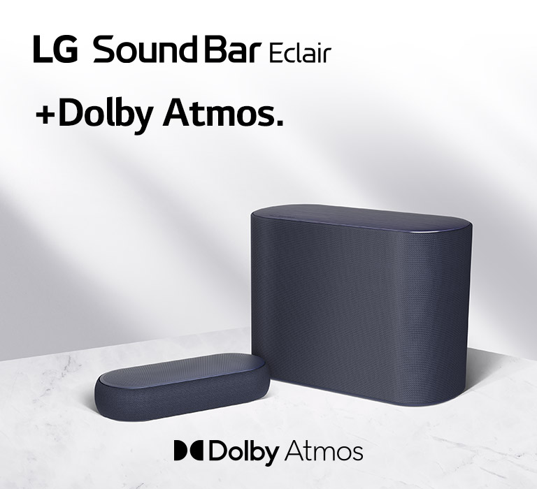 Una barra de sonido y un subwoofer se colocan en un piso de mármol, una barra de sonido y un subwoofer orientados hacia lados opuestos.