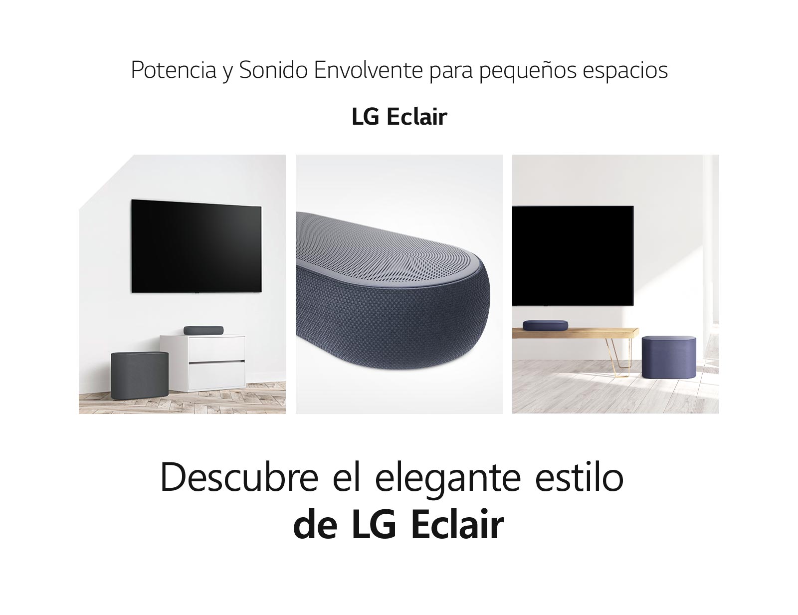 Hay un collage de tres imágenes: barra de sonido y subwoofer en una sala de estar blanca en el lado izquierdo, primer plano del lado derecho de la barra de sonido en el medio, y barra de sonido y subwoofer colocados en un gabinete de madera en el lado derecho de un collage. imagen.