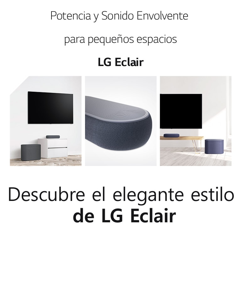 Hay un collage de tres imágenes: barra de sonido y subwoofer en una sala de estar blanca en el lado izquierdo, primer plano del lado derecho de la barra de sonido en el medio, y barra de sonido y subwoofer colocados en un gabinete de madera en el lado derecho de un collage. imagen.