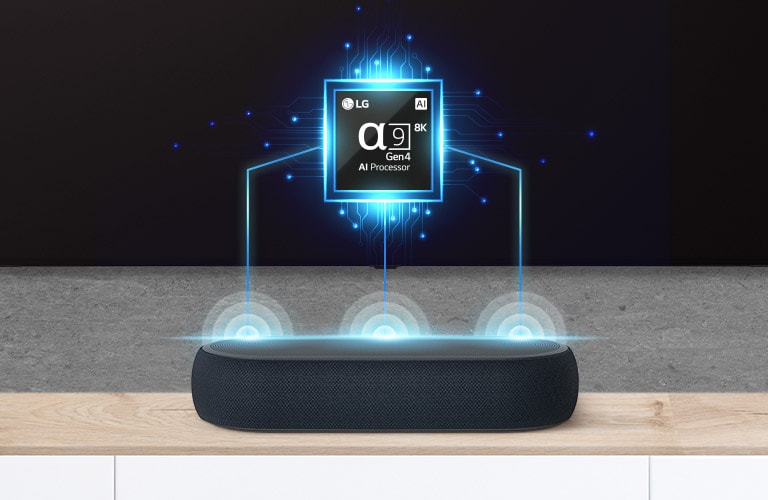 Hay una imagen de chip alfa nueve en la televisión y hay una barra de sonido justo debajo. También hay un efecto de onda de sonido que sale de la barra de sonido.