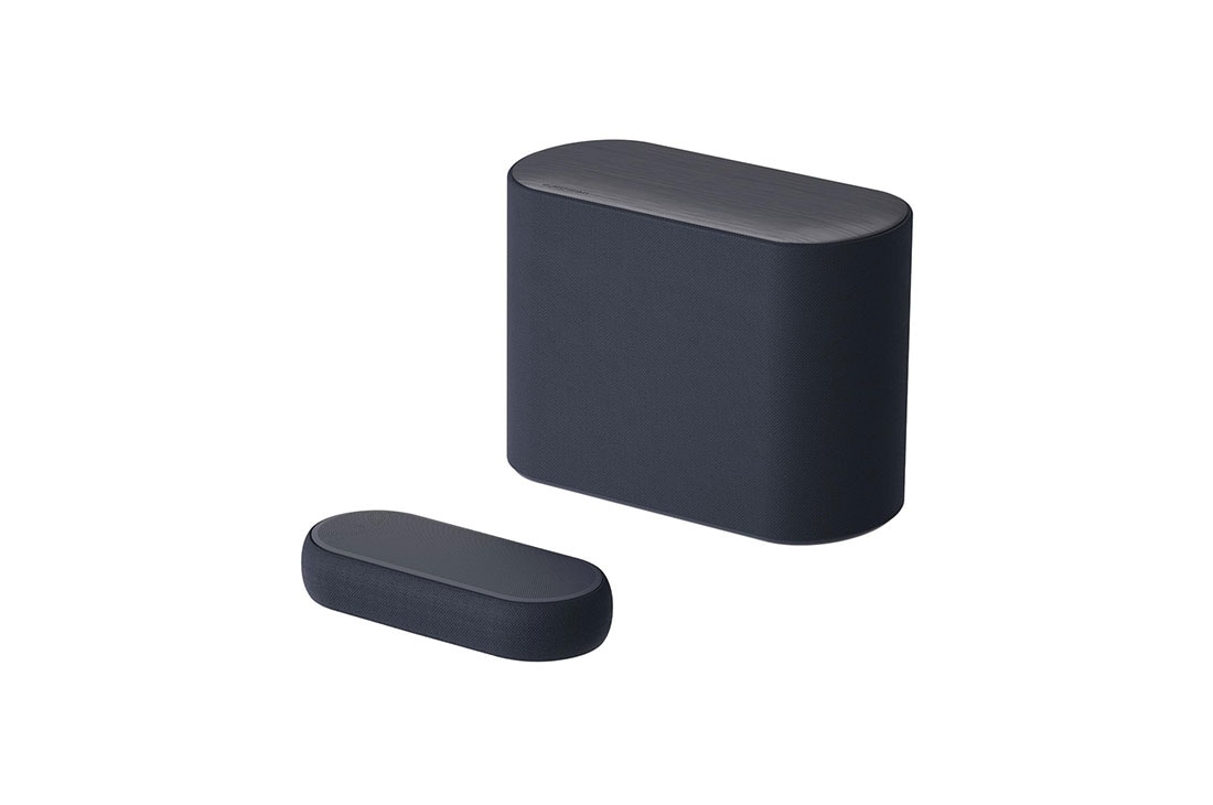 LG Barra de sonido compacta LG QP5 Éclair de 320W de potencia 3.1.2 canales con calidad de sonido Hi-Res Audio, Dolby Atmos, DTS:X y HDMI eARC., vista diagonal de la barra de sonido y el subwoofer, QP5, thumbnail 2