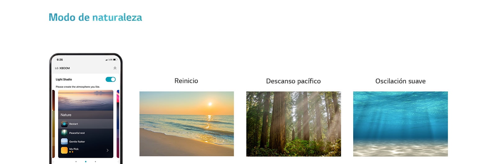 Imagen de teléfono móvil con la aplicación en pantalla en modo de naturaleza. Una imagen de una playa al atardecer. Una imagen de un bosque iluminado por el sol. Imagen de la luz que brilla bajo el mar transparente.