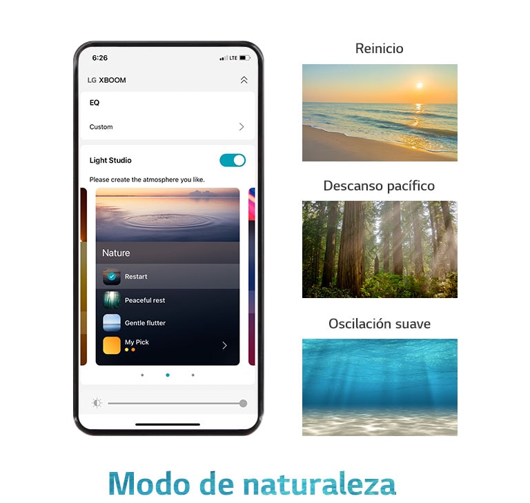 Imagen de teléfono móvil con la aplicación en pantalla en modo de naturaleza. Una imagen de una playa al atardecer. Una imagen de un bosque iluminado por el sol. Imagen de la luz que brilla bajo el mar transparente.
