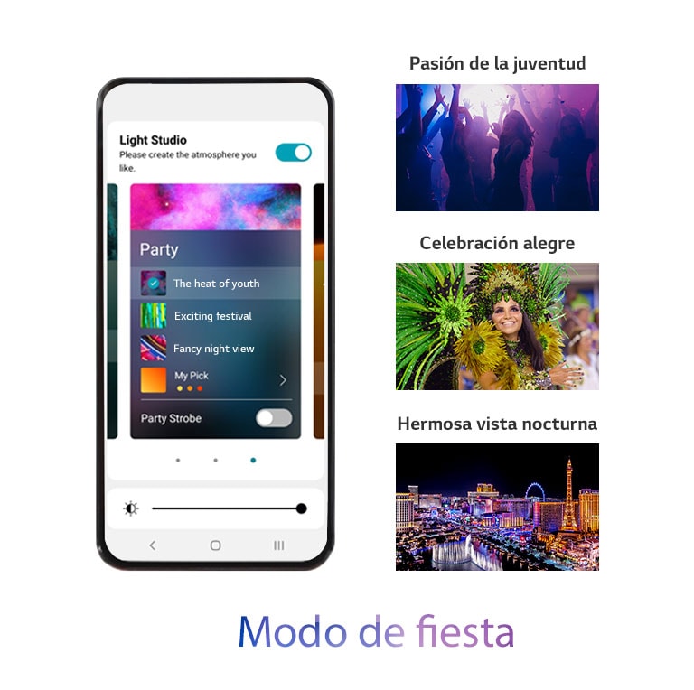 Imagen de teléfono móvil con la aplicación en pantalla en modo de fiesta. Imágenes de la silueta de personas bailando en discotecas. Imagen de una mujer con ropa de fiesta de colores. Vista nocturna de la ciudad coloreada con colores neón.