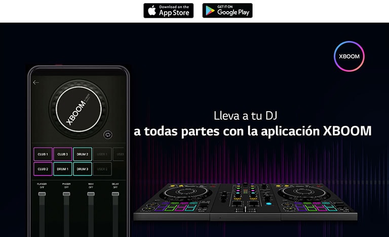 Una imagen de un teléfono celular que muestra el MODO DJ de la APP, y un PAD de DJ real al lado. En la parte de arriba de la imagen está el logo de la APLICACIÓN de XBOOM.