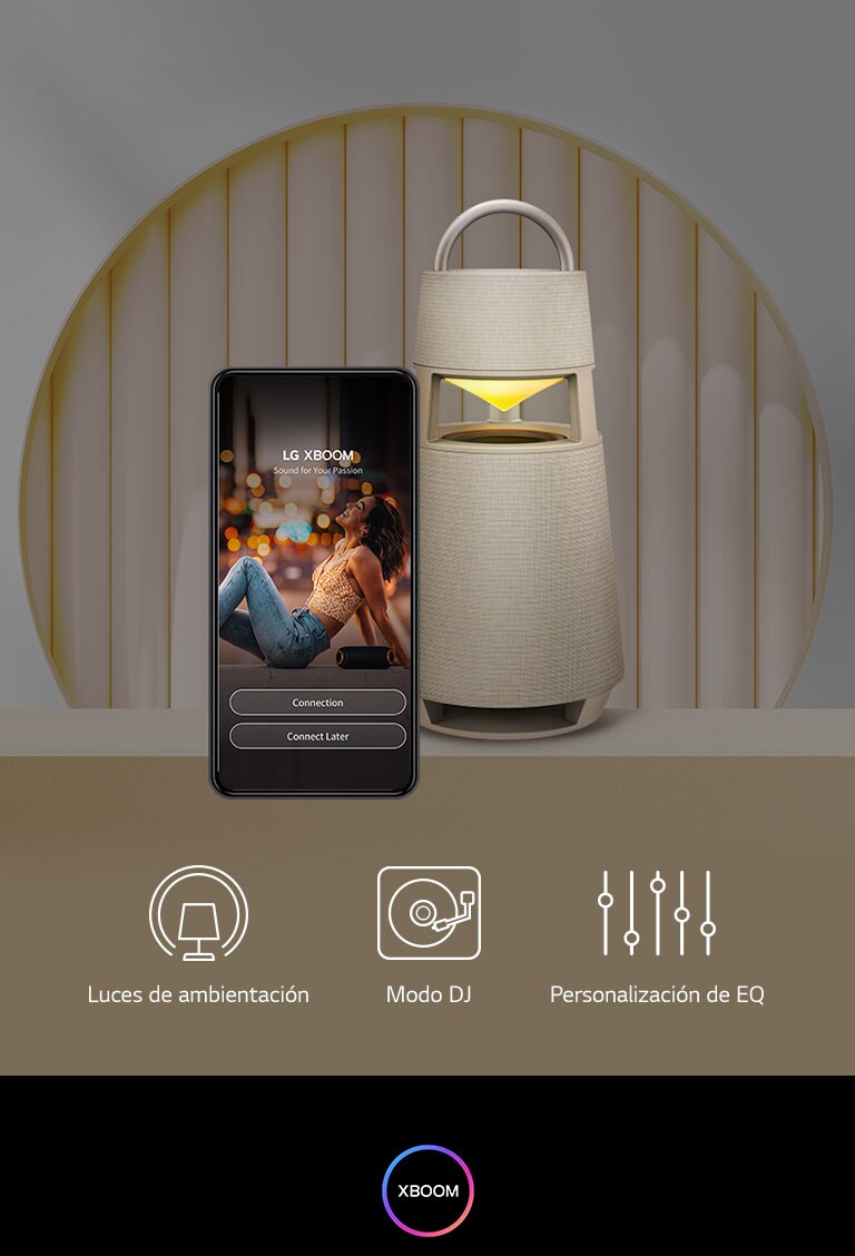 Teléfono móvil con la pantalla de la aplicación xboom y el producto XBOOM 360 sobre un fondo cálido.