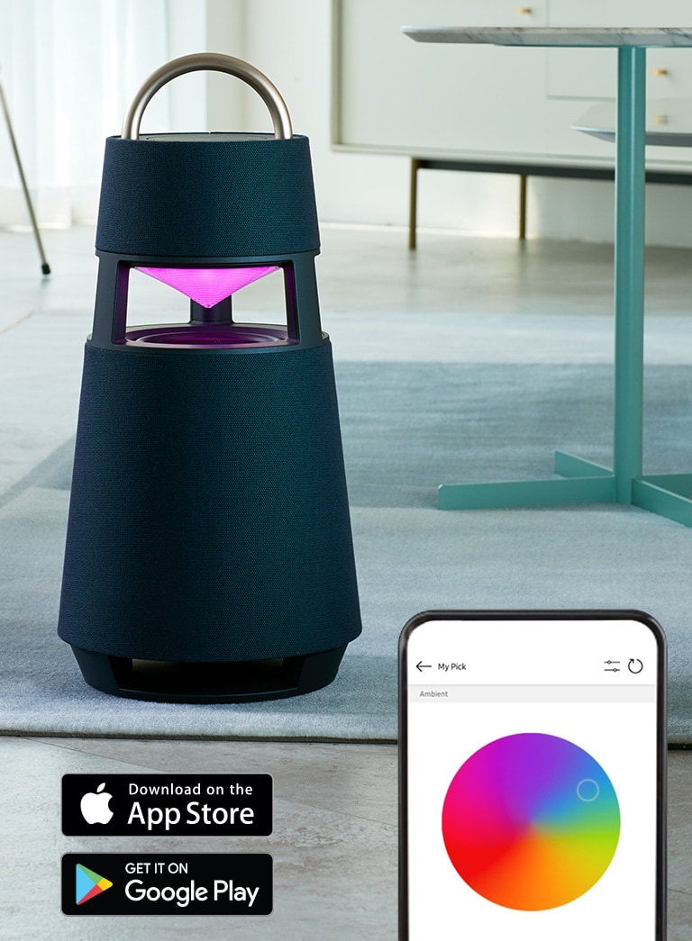 Una imagen GIF en la que el reflector del XBOOM 360, ubicado en el suelo de la habitación, cambia al mismo color según el movimiento del color de la pantalla del móvil.