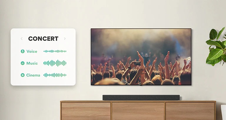 La televisión está en la pared. La televisión muestra gente aplaudiendo en el concierto, el canal cambia a una escena de película con un coche conduciendo en un bosque, y el canal vuelve a cambiar a Noticias y un presentador está hablando. La barra de sonido LG está justo debajo del televisor en un estante beige. (reproducir el video)