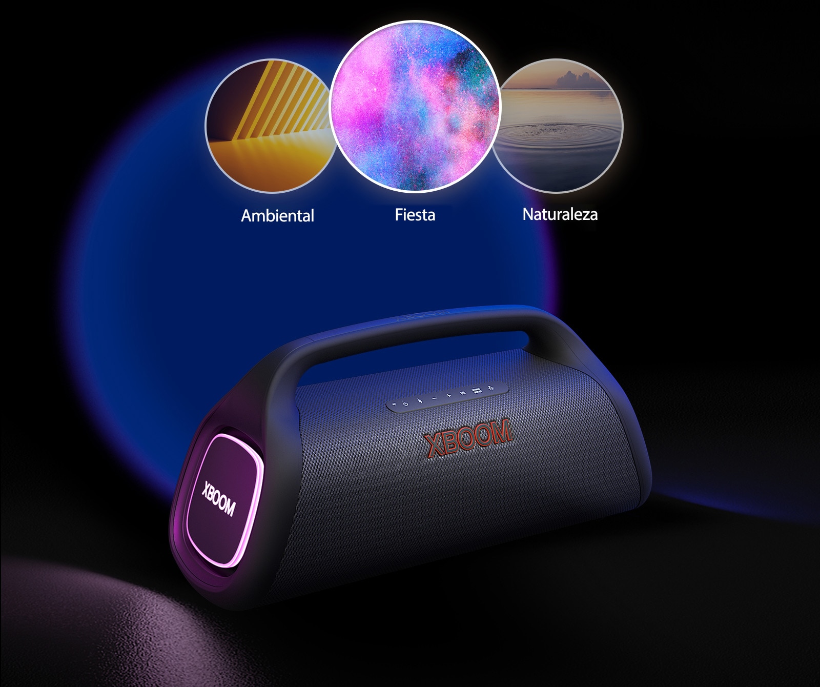 LG XBOOM Go XG9 con iluminación púrpura sobre el suelo. En la parte superior del altavoz se muestran tres modos; ritmo, fiesta, fuegos artificiales, espacio.