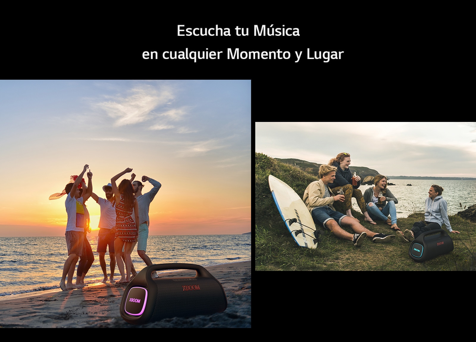 Uma linha está colocada acima do texto para fins de design. Abaixo do texto, há duas imagens. A parti da esquerda, um grupo de pessoas dança enquanto um LG XBOOM Go XG9 com iluminação rosa está colocado sobre a areia. À direita, um grupo de jovens se diverte próximo à praia. Um LG XBOOM Go XG9 com iluminação ciano está sobre a grama.