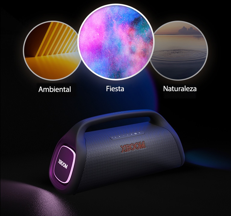 LG XBOOM Go XG9 con iluminación púrpura sobre el suelo. En la parte superior del altavoz se muestran tres modos; ritmo, fiesta, fuegos artificiales, espacio.