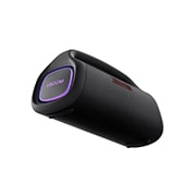 LG Bocina portatil XBOOM Go, IP67 Bluetooth 80W Light Studio Sound Boost, Ângulo baixo com lado esquerdo à frente, iluminação roxa ligada, XG9QBK, thumbnail 10