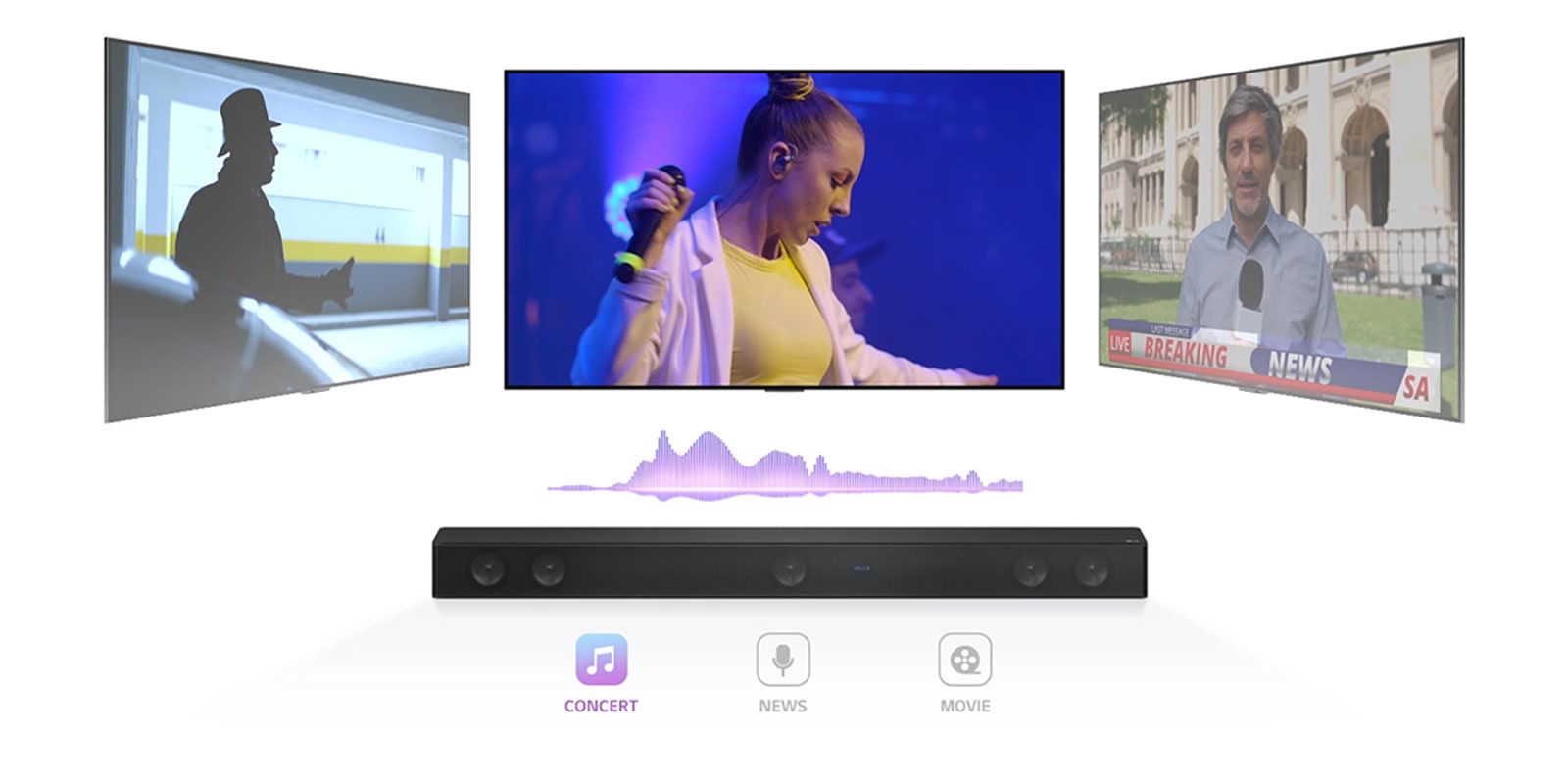 El televisor muestra un concierto, el canal se cambia a las noticias, un presentador habla y el canal se cambia una vez más a una escena de película. La barra de sonido LG está justo debajo del televisor en el espacio infinito. Reproducir el video.