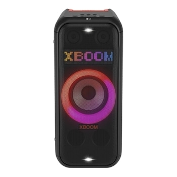 Vista frontal con toda la iluminación encendida. En el panel de iluminación de píxeles dinámica, se muestra el texto: XBOOM.1