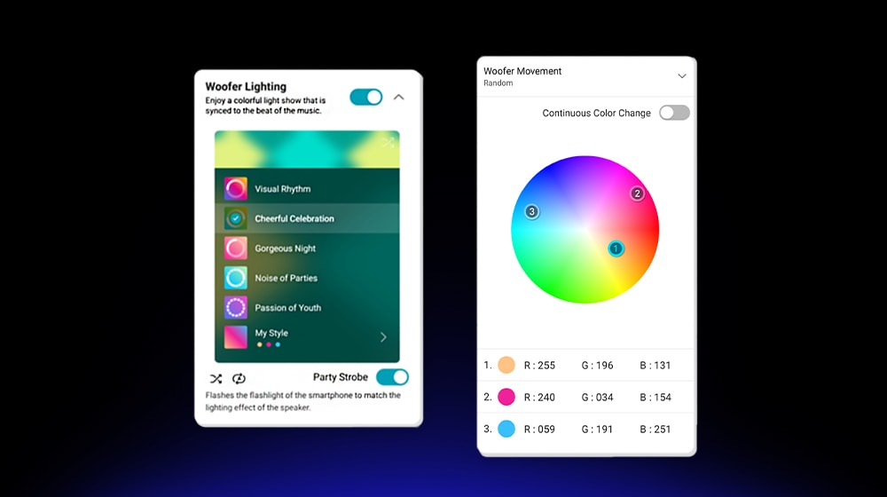 Captura de pantalla de la aplicación XBOOM. Puede personalizar las luces a través de la aplicación.