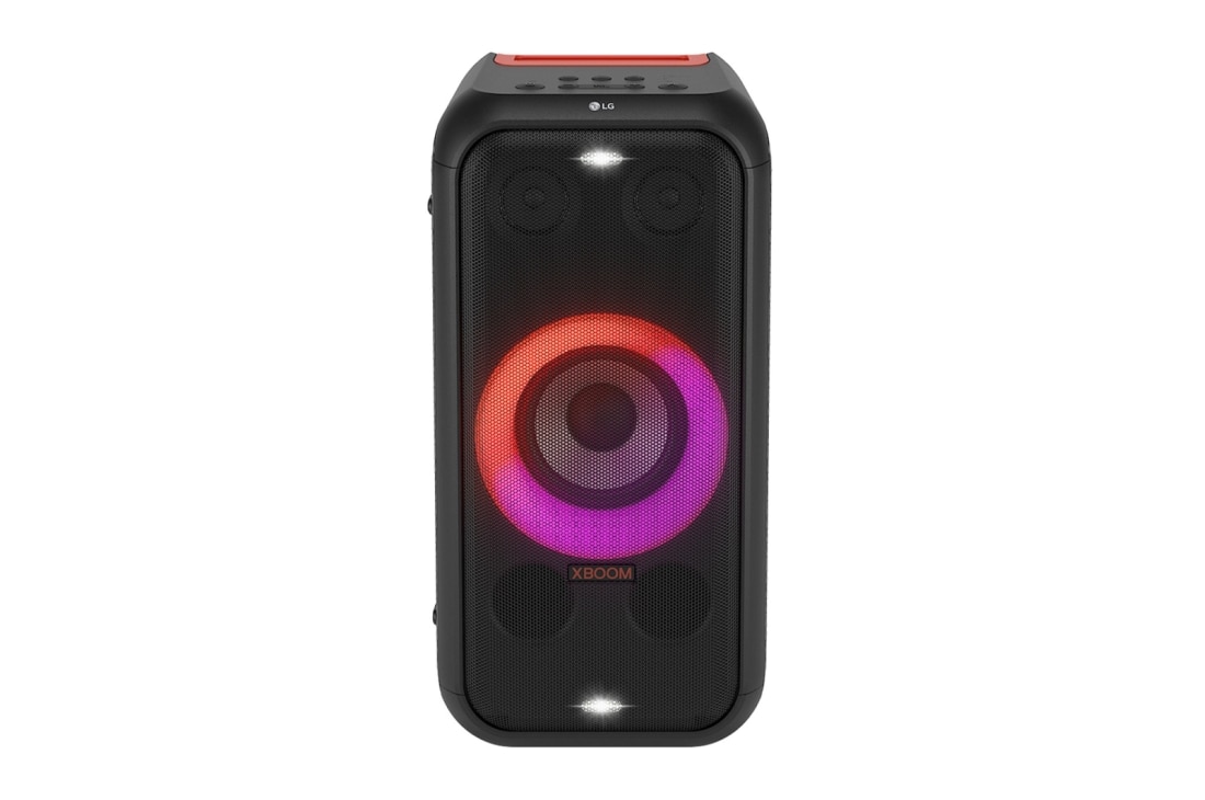 LG XBOOM XL5S Bocina portatil con bateria de hasta 12Hrs, LED RGB, entrada karaoke y guitarra, resistencia a salpicaduras, Power Bank., Front view with all lighting on., XL5S