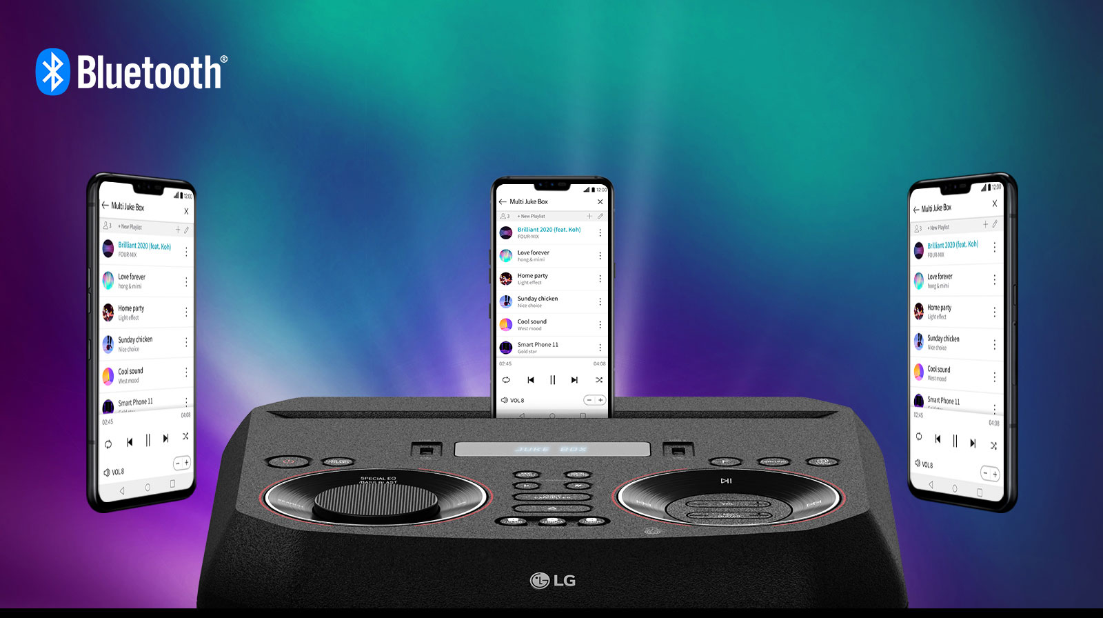 Un teléfono inteligente está en un LG XBOOM con otros dos teléfonos inteligentes flotando a su alrededor. Un logotipo de Bluetooth está en la esquina superior izquierda.