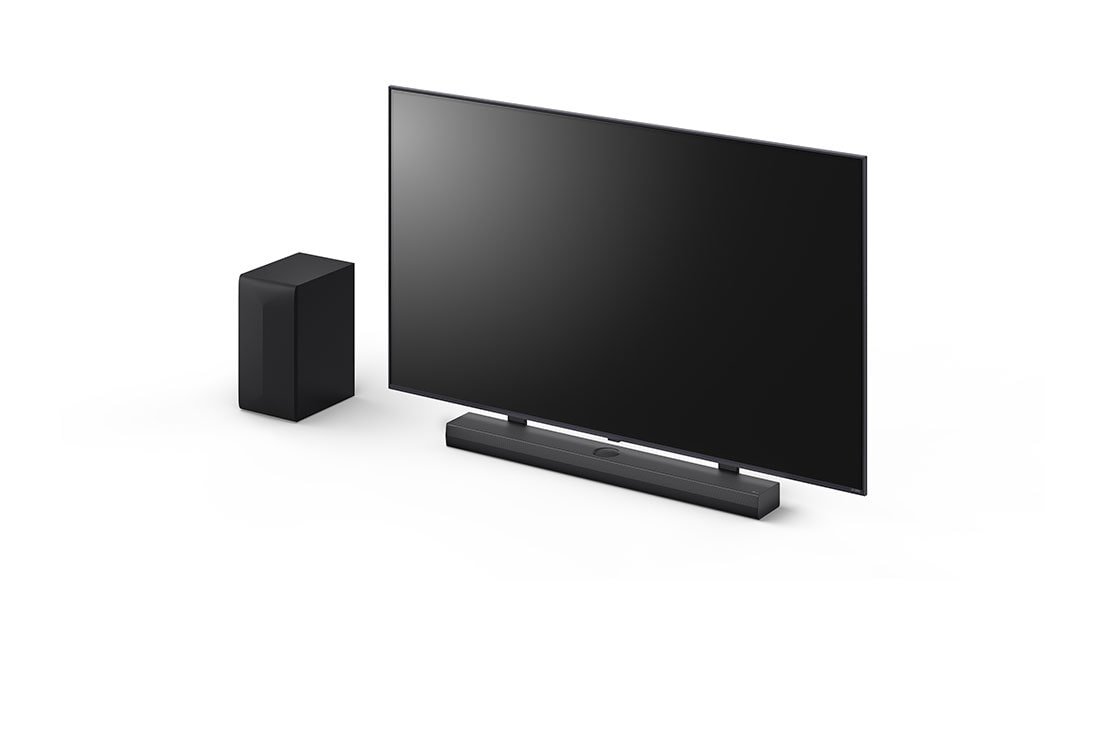 LG Barra de sonido LG S70TY 400W  ch 3.1.1  Dolby Atmos® WOW Orchestra AI Sound Pro , Front view of 65inch LG QNED, LG Soundbar S70TY, and subwoofer, S70TY, thumbnail 11