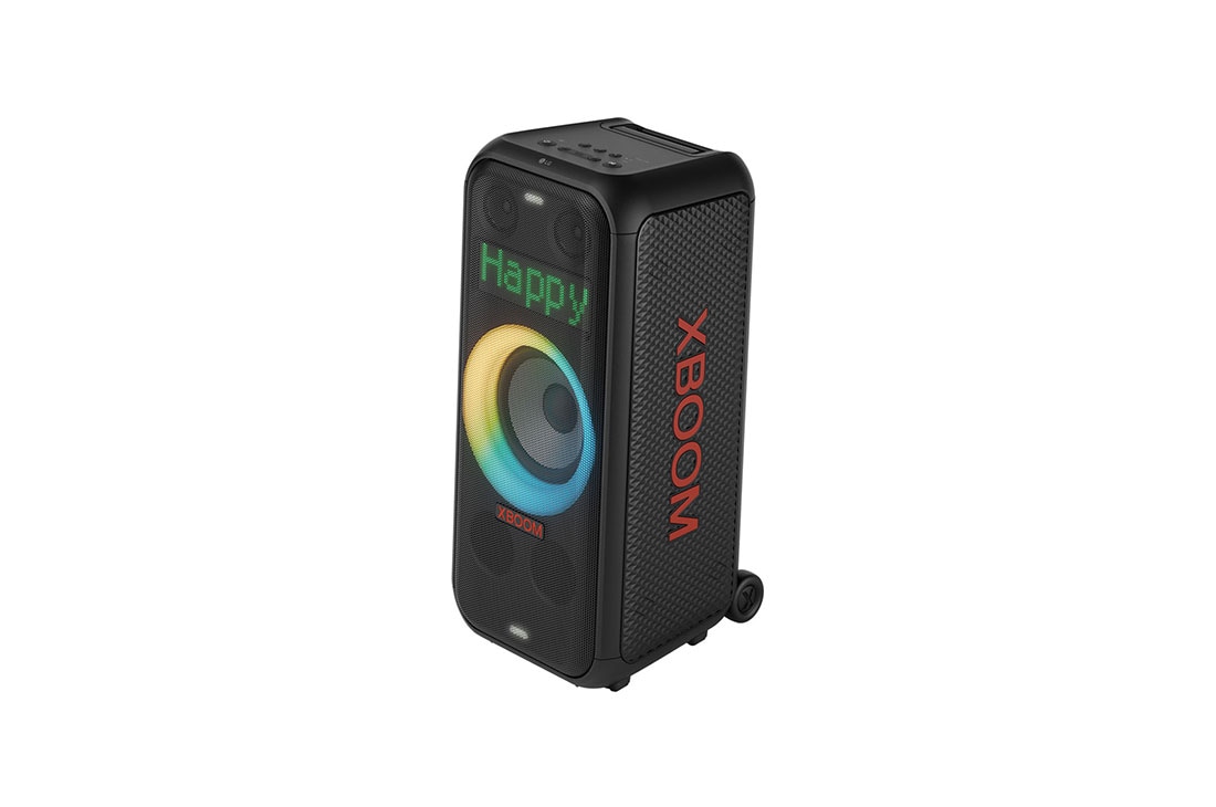 LG XBOOM XL5T bocina bluetooth con sonido de fiesta de 200 W, Left side forward with all lighting on. On the Dynamic Pixel Lighting panel, it shows the text; Happy., XL5T, thumbnail 2