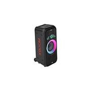 LG XBOOM XL5T bocina bluetooth con sonido de fiesta de 200 W, Right side forward with all lighting on. On the Dynamic Pixel Lighting panel, it displays the dancing cactus., XL5T, thumbnail 3