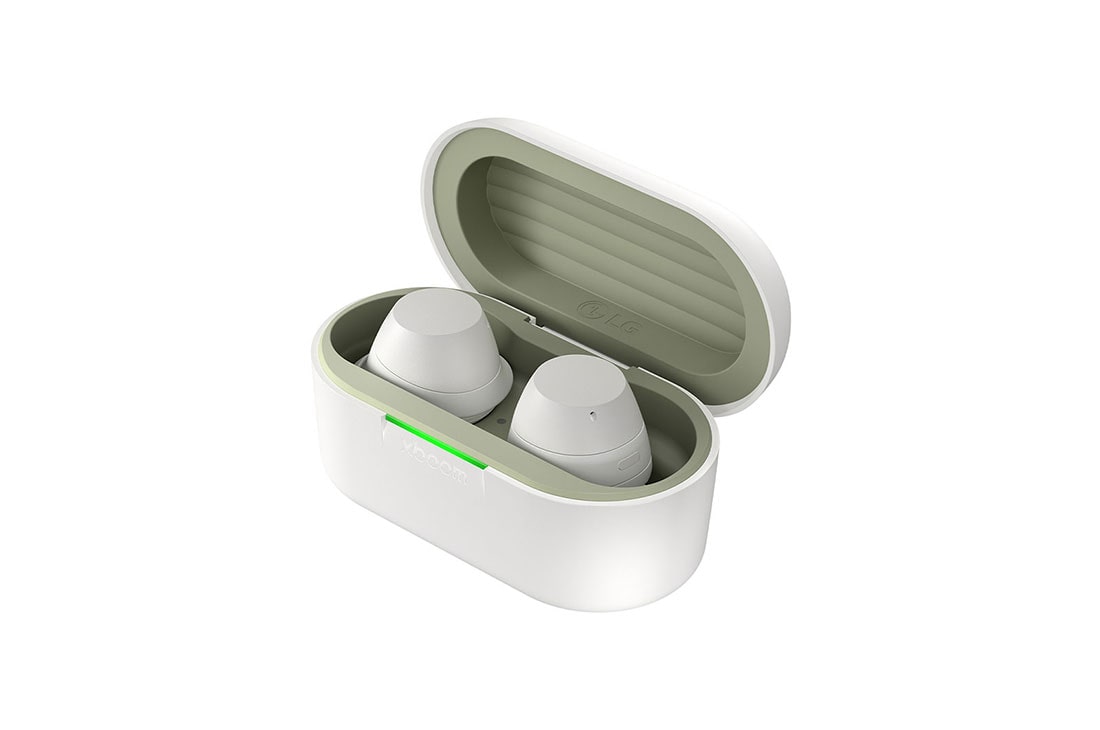 LG xboom Buds Lite by will.i.am | Audífonos Bluetooth | xboom Signature Sound con driver de grafeno | Color Blanco, cradle side view with earbuds inside, BUDSLITE Blancos, thumbnail 2