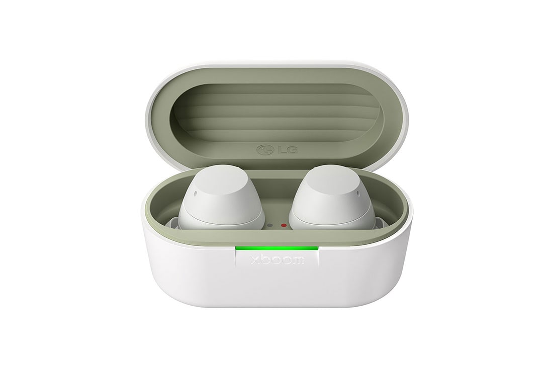 LG xboom Buds Lite by will.i.am | Audífonos Bluetooth | xboom Signature Sound con driver de grafeno | Color Blanco, cradle front view with earbuds inside, BUDSLITE Blancos, thumbnail 3