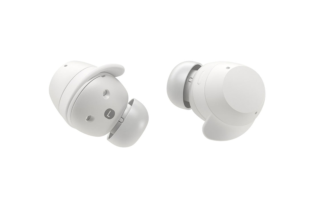 LG xboom Buds Lite by will.i.am | Audífonos Bluetooth | xboom Signature Sound con driver de grafeno | Color Blanco, earbuds from each diagonal angle, BUDSLITE Blancos, thumbnail 6