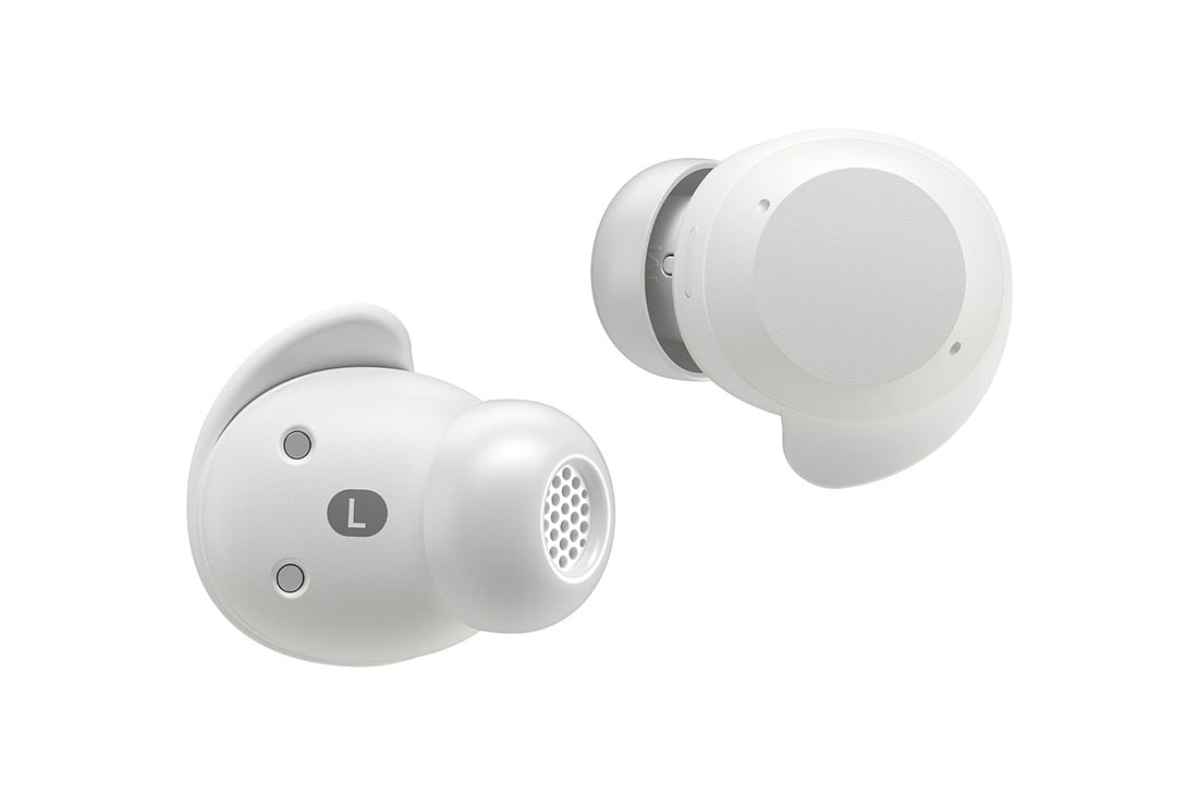 LG xboom Buds Lite by will.i.am | Audífonos Bluetooth | xboom Signature Sound con driver de grafeno | Color Blanco, earbuds front and rear view, BUDSLITE Blancos, thumbnail 7
