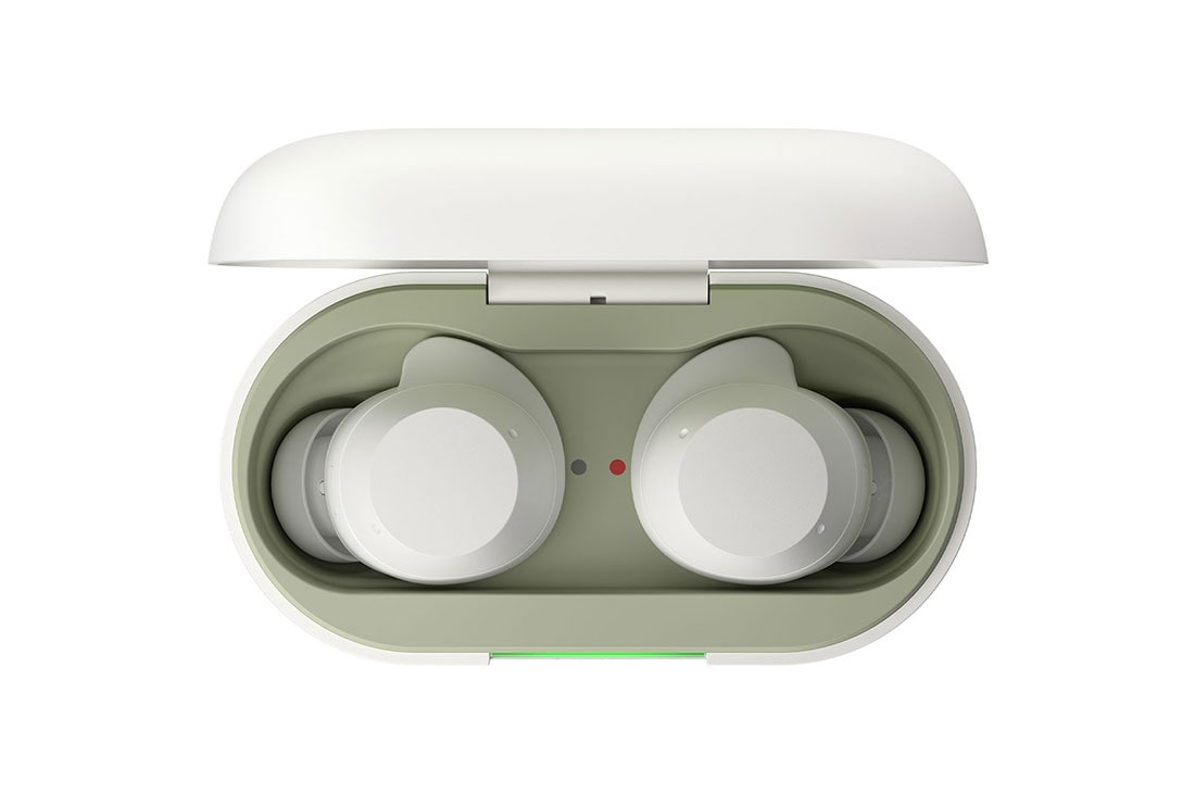 LG xboom Buds Lite by will.i.am | Audífonos Bluetooth | xboom Signature Sound con driver de grafeno | Color Blanco, opened cradle top view with earbuds, BUDSLITE Blancos, thumbnail 11