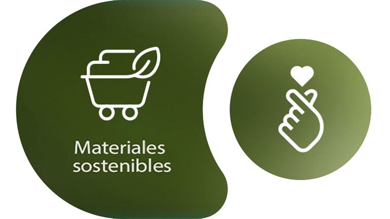 A la izquierda se muestra el icono de materiales sostenibles de LG con su nombre escrito debajo. A la derecha se muestra el icono del corazón con el dedo ESG.