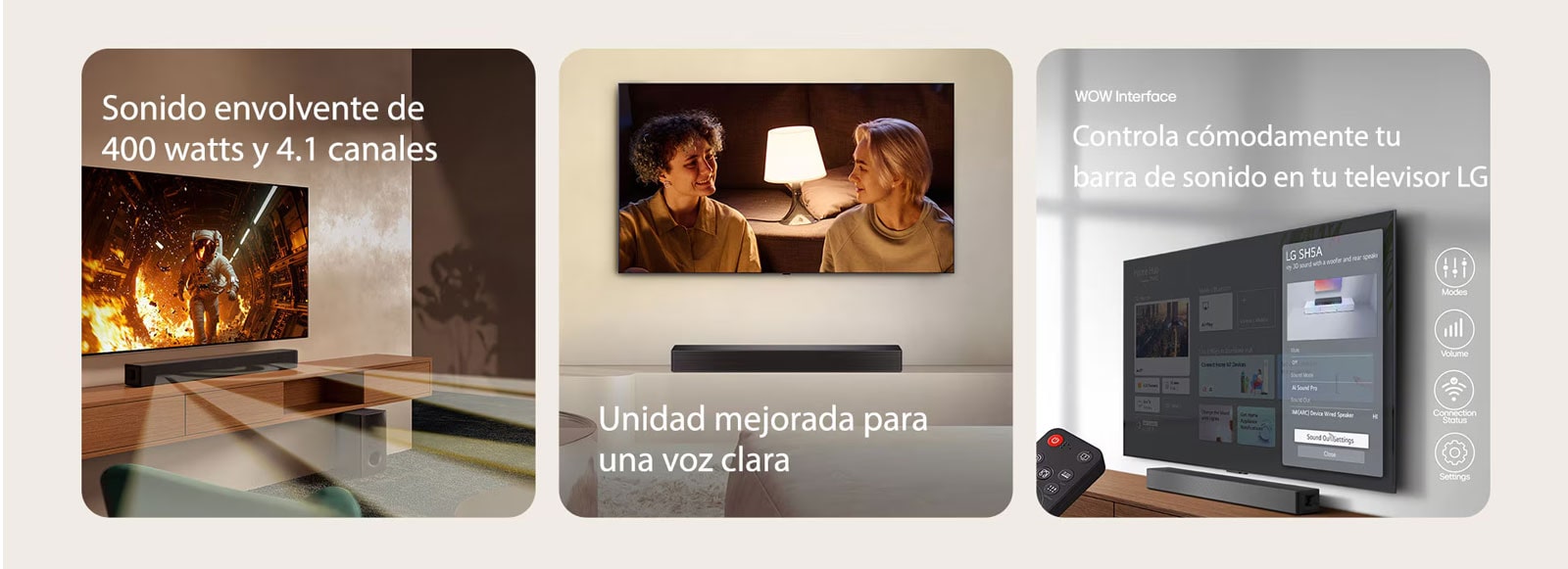En la imagen de la izquierda se encuentran colocadas 2 unidades de Soundbar S20A, una mostrando sus partes internas como woofers y tweeters sin rejilla y otra mostrando la parte posterior. En el lado derecho se muestran el logo dts y el logo de audio Dolby digital. En la imagen del centro se muestran 3 pantallas de TV: Un escenario y un micrófono en su mano, una reportera hablando con un micrófono y una tableta en cada mano y un caballo. Debajo de los televisores se encuentra colocada la barra de sonido SH5A con gráficos de ecualización. En la parte inferior se presentan 3 íconos: MÚSICA, VOZ y CINE. En la imagen de la derecha se muestra un televisor montado en la pared con la pantalla de inicio de LG webOS y el SH5A se encuentra colocado debajo del televisor, sobre la mesa del televisor. A la izquierda se muestra parcialmente un control remoto de TV LG y a la derecha 4 íconos muestran las funciones de la Interfaz WOW.