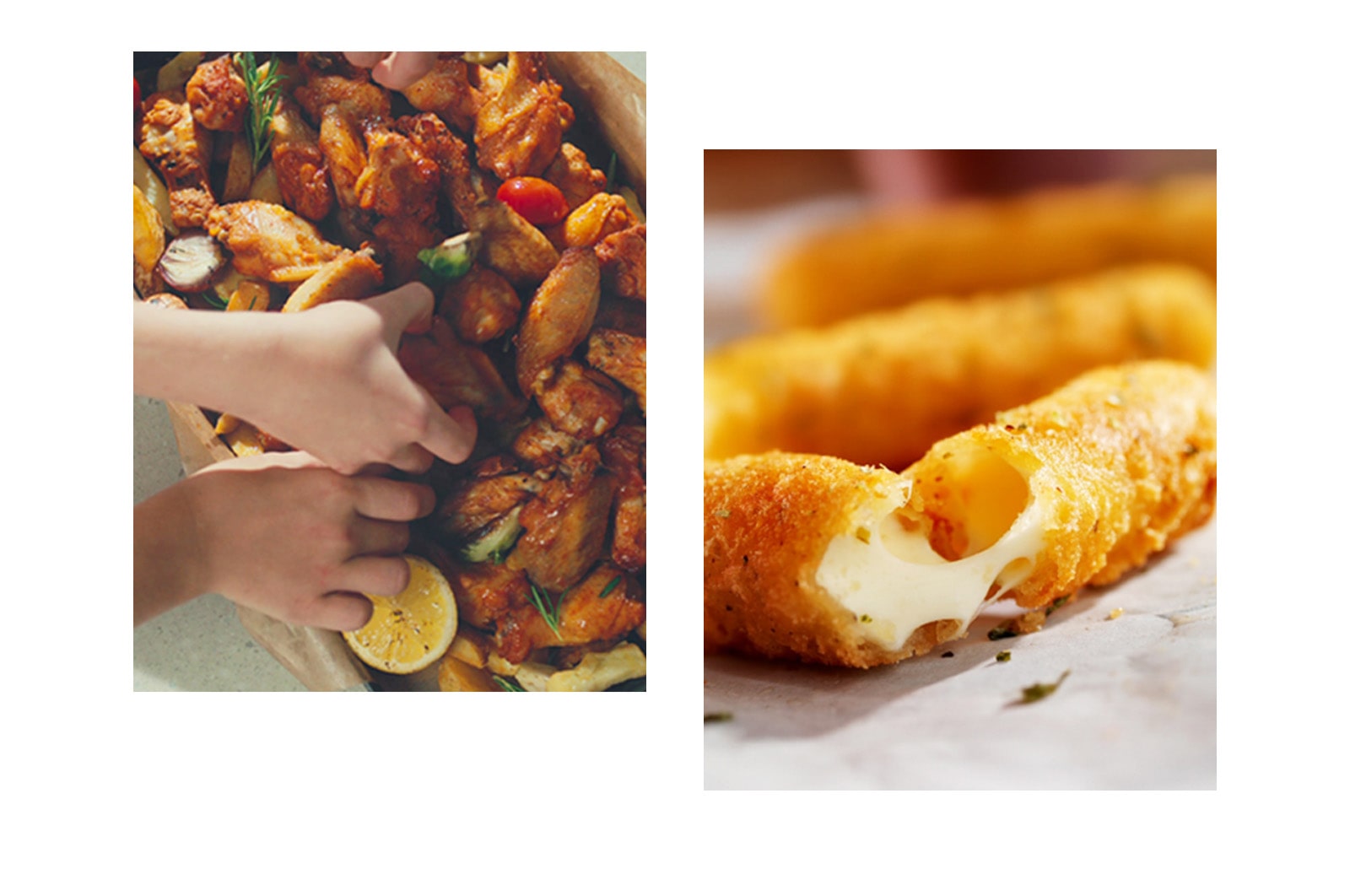 Crujientes alitas de pollo y palitos de queso fritos