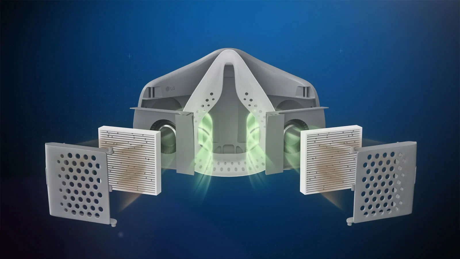 Un video muestra al purificador de aire facial LG PuriCare de frente y gira hacia el costado a la vez que se expanden los filtros HEPA y luego la parte exterior para mostrar el movimiento del aire en cada parte, en las cuales las partículas y el polvo quedan atrapados en la mascarilla en lugar de seguir camino para ser inhalados por la persona.