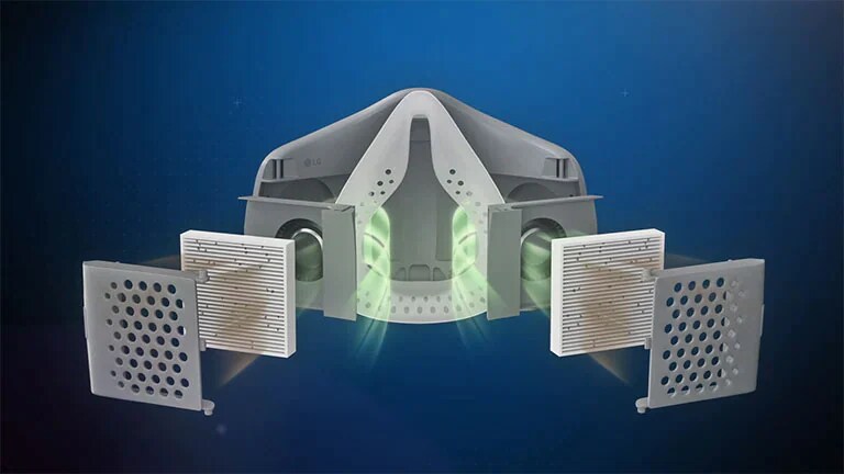 Un video muestra al purificador de aire facial LG PuriCare de frente y gira hacia el costado a la vez que se expanden los filtros HEPA y luego la parte exterior para mostrar el movimiento del aire en cada parte, en las cuales las partículas y el polvo quedan atrapados en la mascarilla en lugar de seguir camino para ser inhalados por la persona.