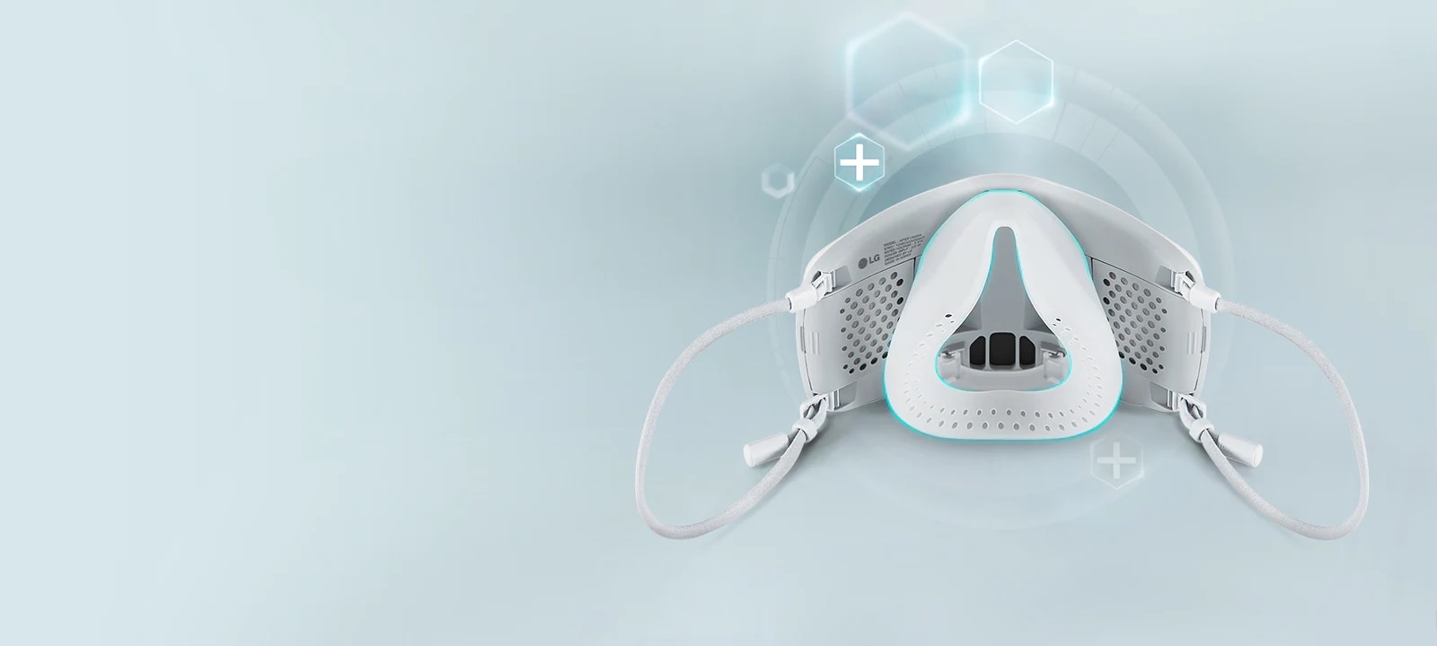 El interior del purificador de aire facial PuriCare™ se ve con una línea azul claro que resalta la cubierta interior, la cual es de silicona médica.