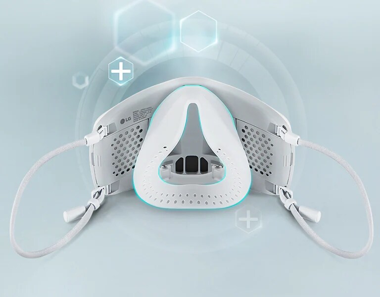 El interior del purificador de aire facial PuriCare™ se ve con una línea azul claro que resalta la cubierta interior, la cual es de silicona médica.