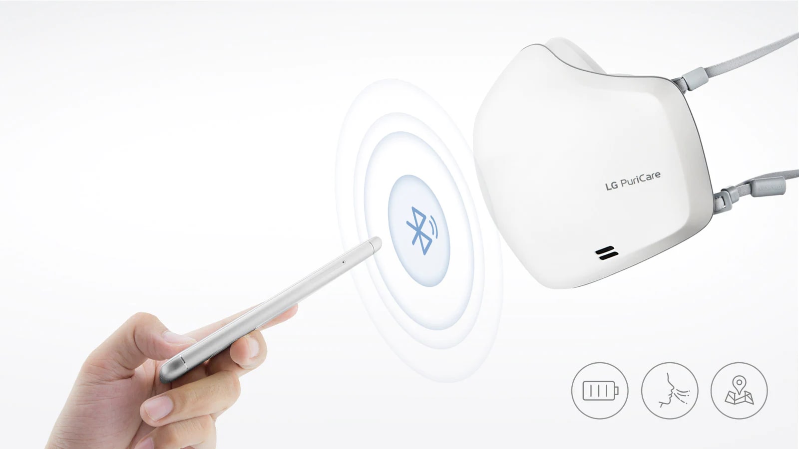 La imagen indica que es posible hacer un seguimiento de la experiencia de respiración para actualizar el estado de salud y controlar el estado de la batería a través de la función de Bluetooth.