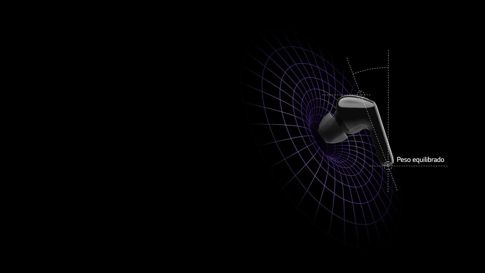 Una imagen de auriculares en un espacio virtual con diagramas que muestran que el peso está centrado en la cabeza del auricular