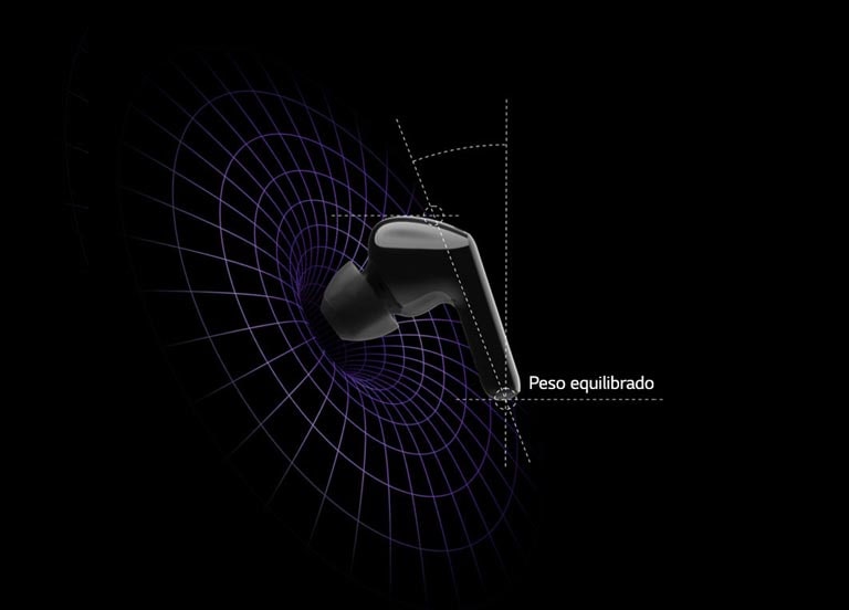 Una imagen de auriculares en un espacio virtual con diagramas que muestran que el peso está centrado en la cabeza del auricular